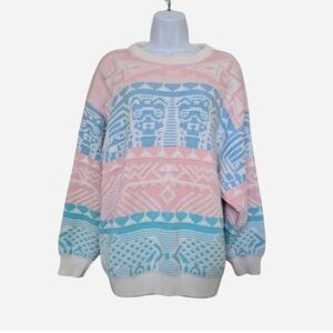 Vintage 90s Embroidered Tribal Pastel Grandma Sweater Size large Pink Blue
